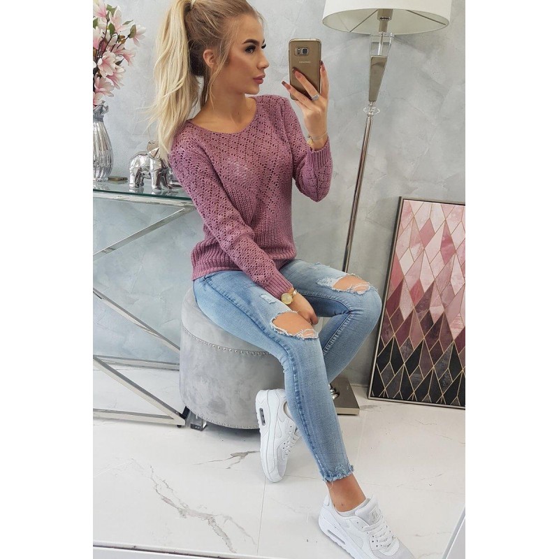 Dámsky sveter s ažúrovým vzorom 2019-39 - tmavofialový