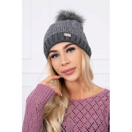 Dámska pletená čiapka s brmbolcom K179 - grafitová