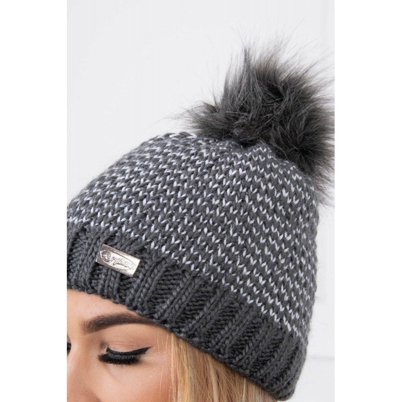 Dámska pletená čiapka s brmbolcom K179 - grafitová