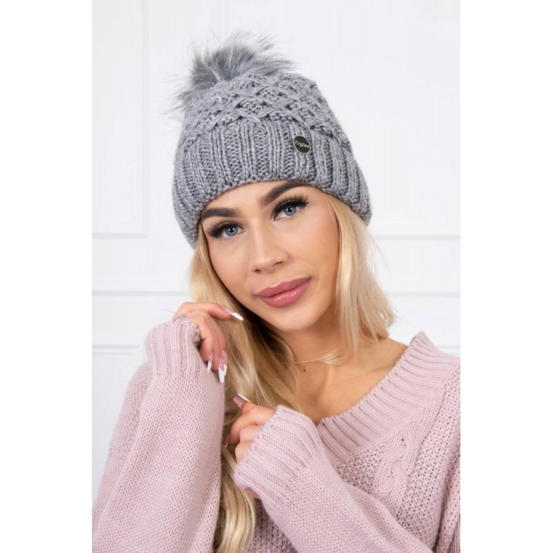 Dámska pletená čiapka s brmbolcom K176 - tmavosivá