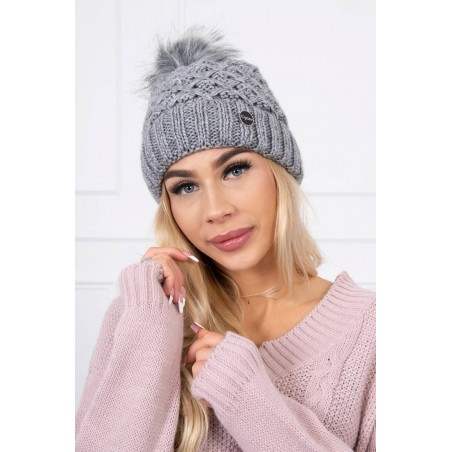 Dámska pletená čiapka s brmbolcom K176 - tmavosivá