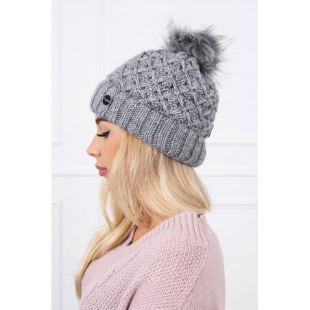 Dámska pletená čiapka s brmbolcom K176 - tmavosivá