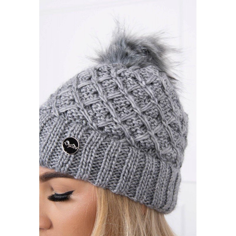 Dámska pletená čiapka s brmbolcom K176 - tmavosivá