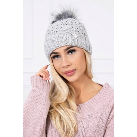 Dámska pletená čiapka s brmbolcom K176 - svetlosivá