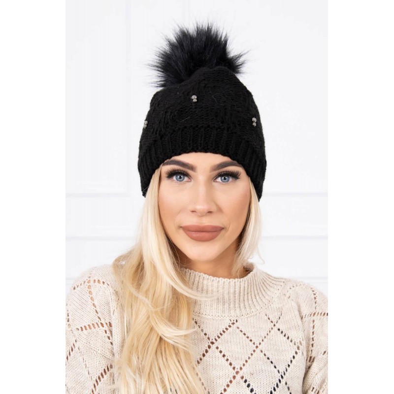 Čierna dámska čiapka s brmbolcom K183