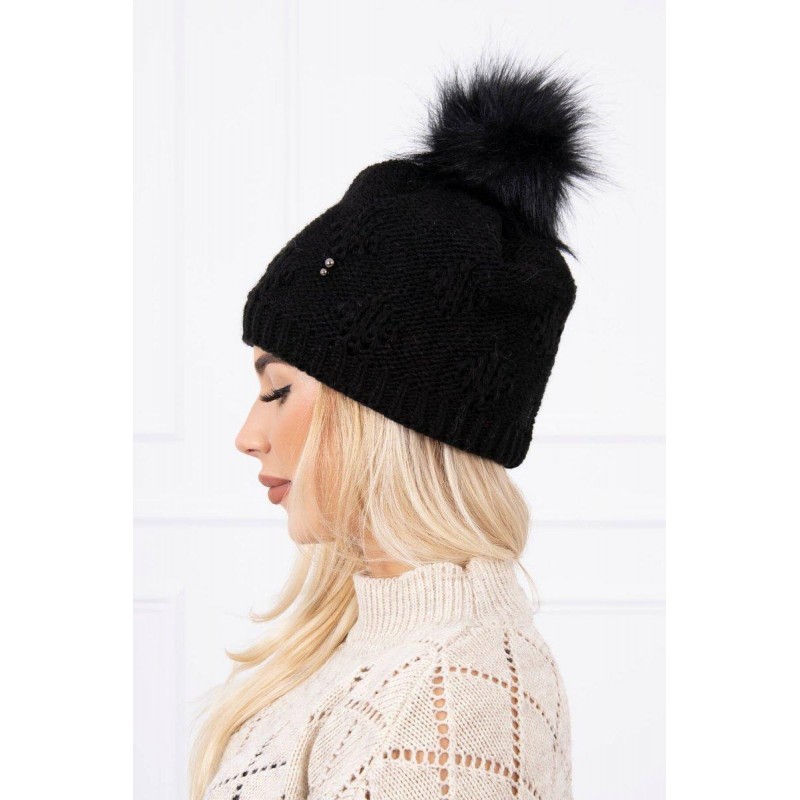 Čierna dámska čiapka s brmbolcom K183