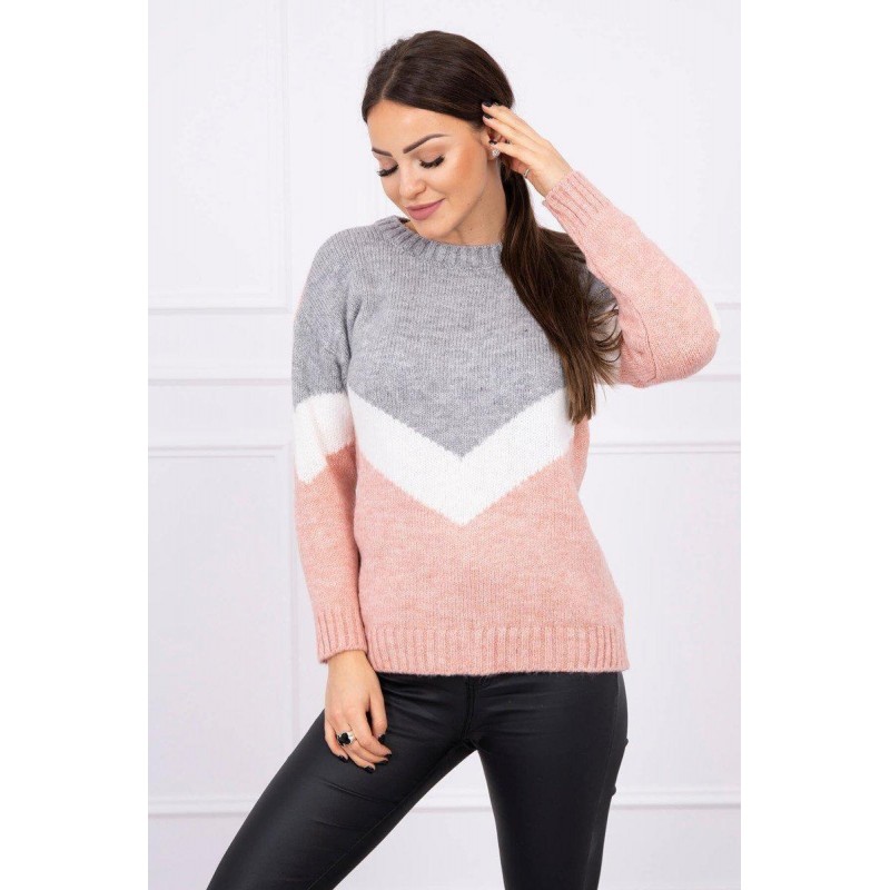 Dámsky sveter s geometrickými vzormi 2019-51 - sivo-ružový