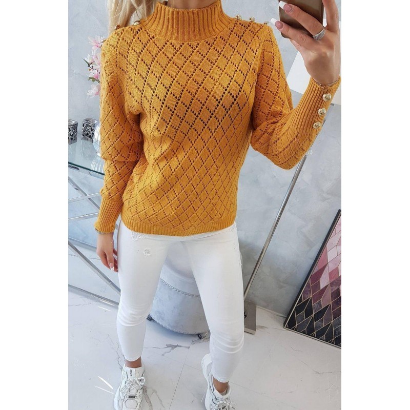 Sveter pre dámy s ozdobnými gombíkmi 2020-19 - horčicový