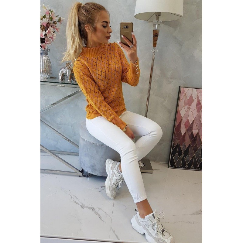 Sveter pre dámy s ozdobnými gombíkmi 2020-19 - horčicový